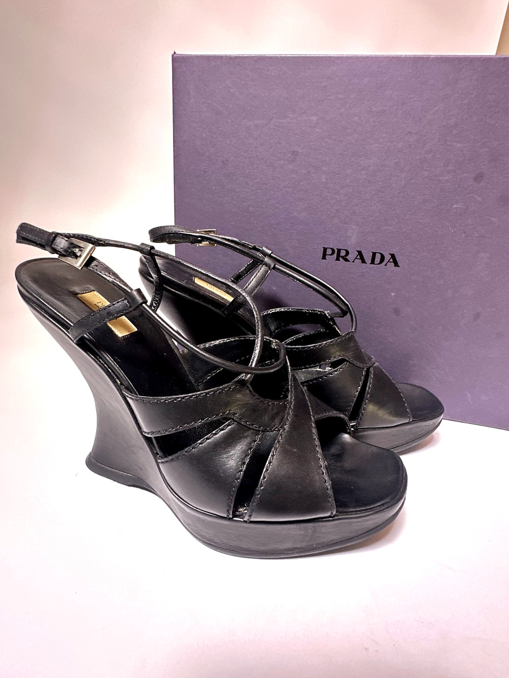 PRADA Black Leather Sculptural Wedge Sandals | Platform Slingback Heels | S 38.5
